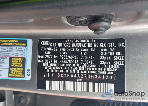 2013 Kia Sorento Sx z USA, uszkodzony, nr VIN 5XYKW4A27DG341202